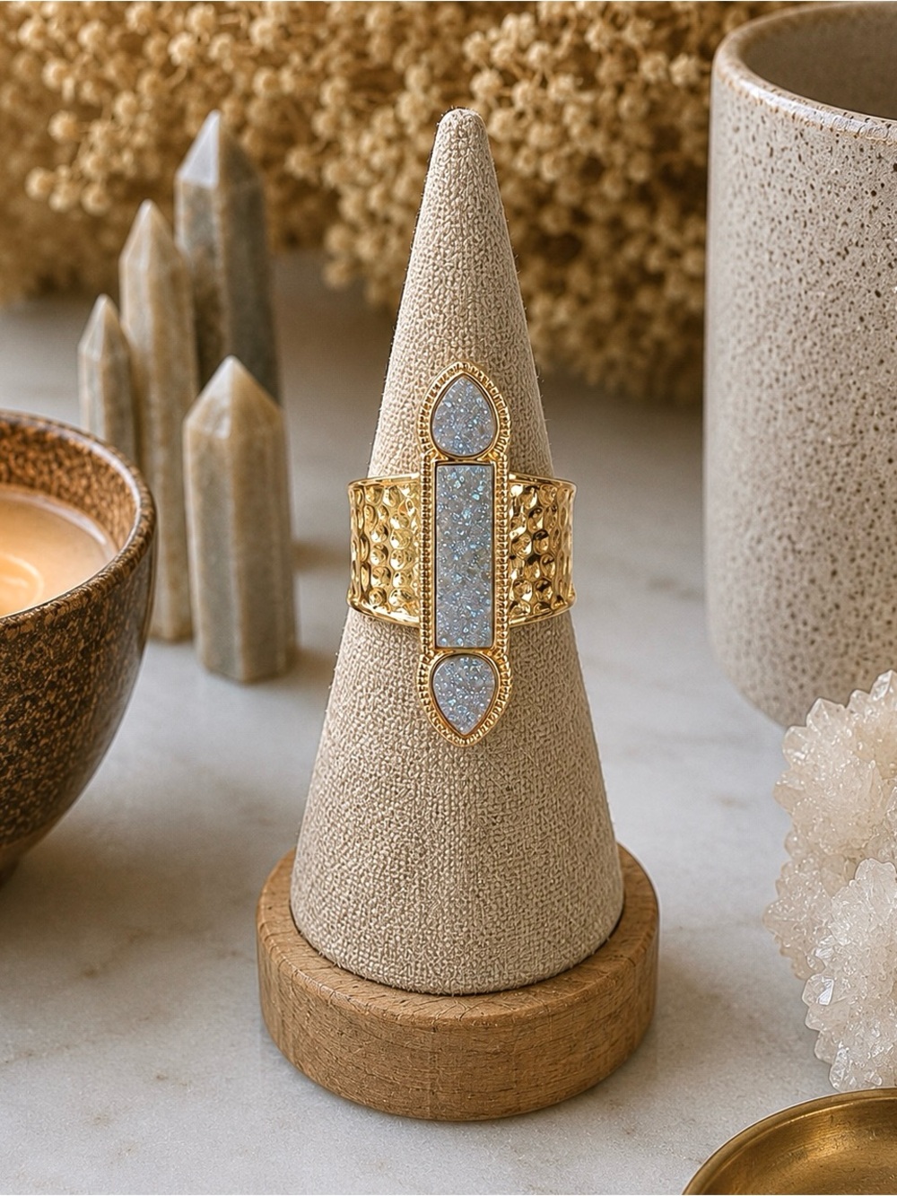 NWOT Gold Tone Druzy Statement Ring Art Deco Teardrop Adjustable Size 8